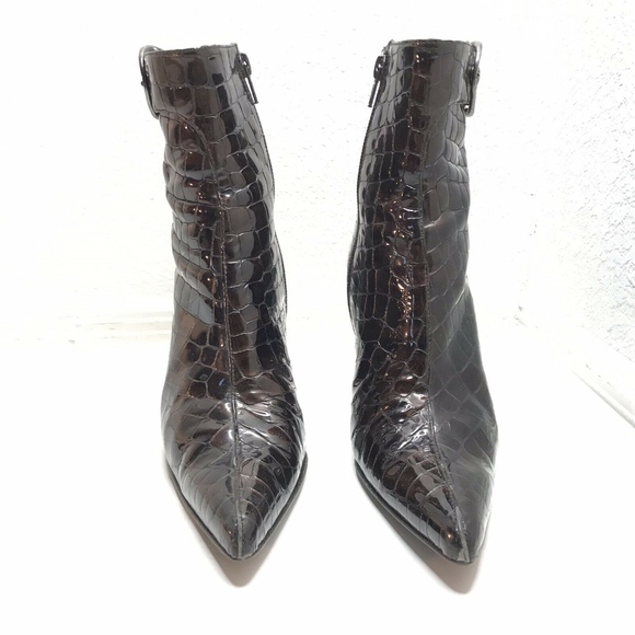 Stuart Weitzman Brown Patent Croc Booties Boots - Picture 2 of 8